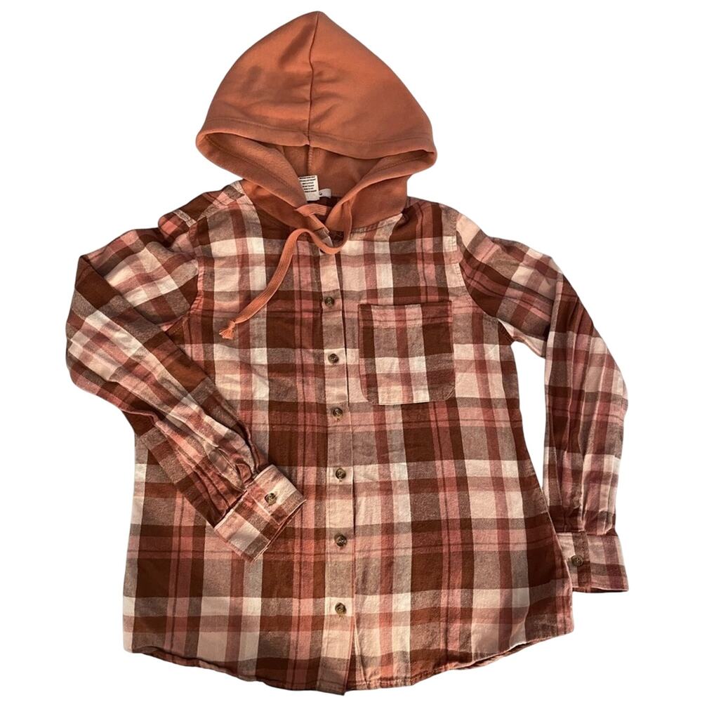 Passport Shirt Womens S Brown Plaid Flannel Button Up Hooded Long Sleeve Jacket